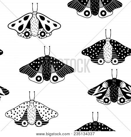 Seamless Childish Pattern With Butterfly. Creative Blackand White Kids Texture For Fabric, Wrapping,