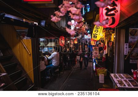 Omoide Yokocho, Shinjuku Tokyo In Spring Season , Decorated With Sakura Cherry Blossom Very Beautifu