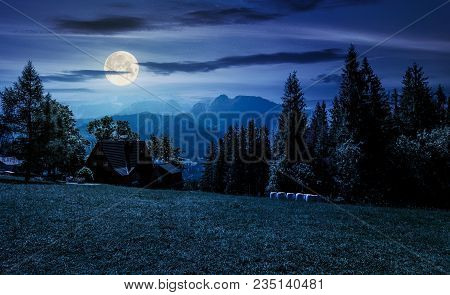 Beautiful Landscape Of Tatra Mountains At Night In Full Moon Light. Location Zakopane Village, Polan