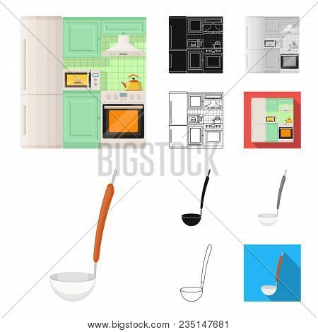 Kitchen Equipment Cartoon, Black, Flat, Monochrome, Outline Icons In Set Collection For Design. Kitc