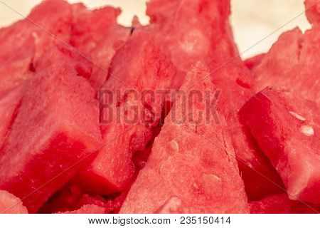Fresh Slices Of Ripe Organic Red Watermelon, Citrullus Lanatus