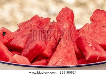 Fresh Slices Of Ripe Organic Red Watermelon, Citrullus Lanatus