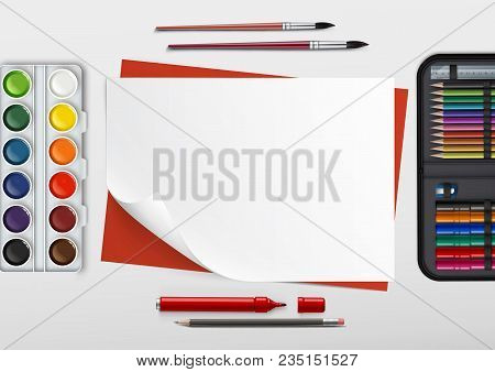 Vector Illustration Of Children Workplace With Drawing Tools, Top View Isolated On White Background