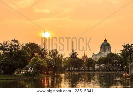 The Sunset View Of Landmark, The Ananta Samakhom Throne Hall With Reflection On The Water. The Anant