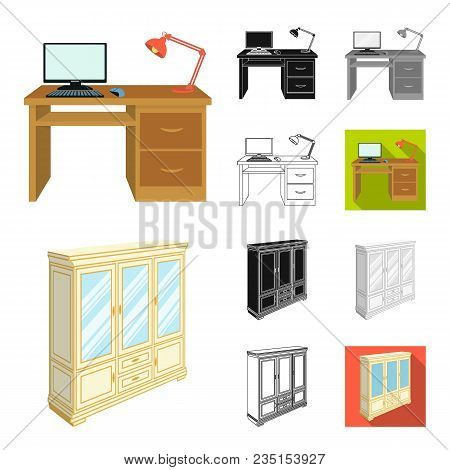 Furniture And Interior Cartoon, Black, Flat, Monochrome, Outline Icons In Set Collection For Design.