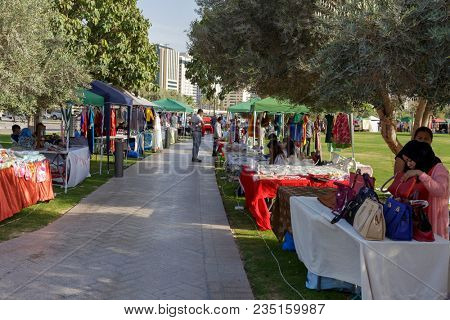 DOHA, QATAR - April 7, 2018: A view of the stalls in the weekend bazaar at the Museum of Islamic Art  park