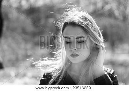 Outdoors Portrait Of Beautiful Young Brunette Girl. Woman Smiling Happy On Sunny Summer Or Spring Da