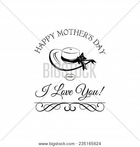 Wide-brimmed Hat. Mothers Day Greeting Card. Swirls, Ornate Filigree Frame. Vector Illustration With