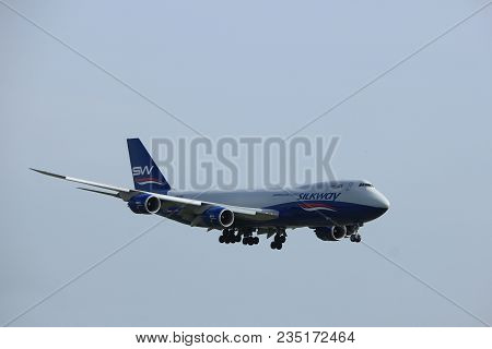 Amsterdam The Netherlands - April, 7th 2018: Vq-bbh Silk Way West Airlines Boeing 747-8f Approaching