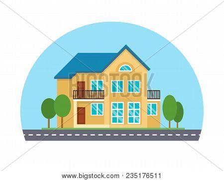 Colorful Cute Cottage Country House Exterior With Road In Front Of It Under Blue Sky. Vector Illustr