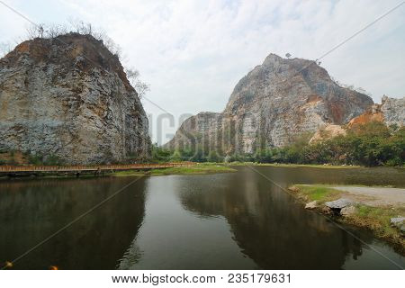 Beautiful Rocky Mountain With Water Lake Of Khao Ngu Stone Park , Ratchaburi , Thailand.