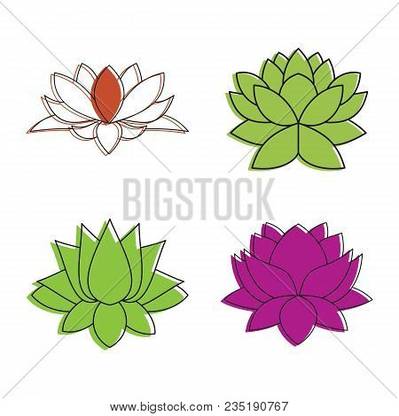 Lotus Flower Icon Set. Color Outline Set Of Lotus Flower Vector Icons For Web Design Isolated On Whi