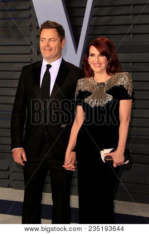 LOS ANGELES - MAR 4:  Nick Offerman, Megan Mullally at the 24th Vanity Fair Oscar After-Party at the Wallis Annenberg Center for the Performing Arts on March 4, 2018 in Beverly Hills, CA