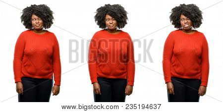 Young beautiful african plus size model making funny face fooling isolated over white background. Collection composition 3 figures collage