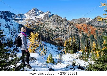 Exploring Pacific Northwest. Woman On Vacation Hiking In Cascade Mountains In Autumn.  Mount Rainier