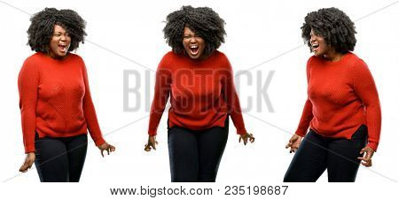 Young beautiful african plus size model stressful, terrified in panic, shouting exasperated and frustrated. Unpleasant gesture. Annoying work drives me crazy isolated over white background. Collection