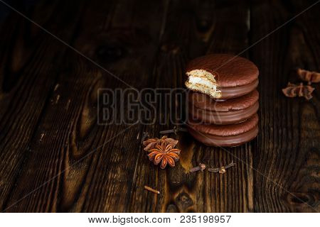 Three Choco Pie Sweet Dessert On The Village Dark Old Table In Moodle Style