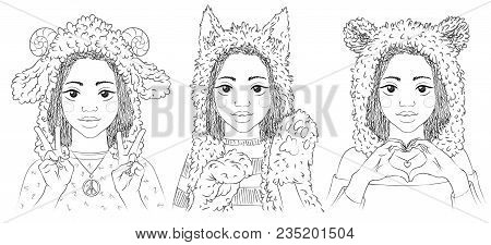 Portraits Of Cute Young Women In Animal Hats. Girl In Cat Hat And Paw Gloves. Girl In Bear Hat Makin