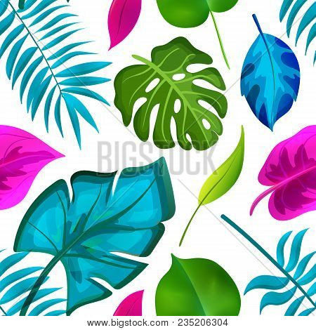 Seamless Pattern Of Realistic Tropical Leaves. Bright Summer Floral Fabric Design. Vector Illustrati