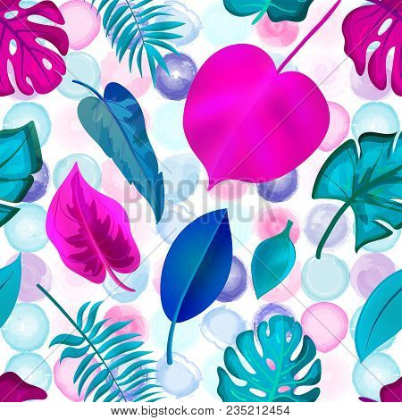 Seamless Pattern Of Tropical Leaves On The Watercolor Dotted Background. Bright Summer Floral Fabric