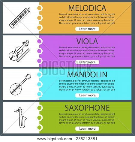 Musical Instruments Web Banner Templates Set. Melodica, Viola, Mandolin, Saxophone. Website Color Me