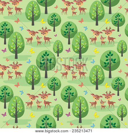 Deer Family. Seamless Pattern With Cute Animals And Their Cubs. Colorful Vector Background In Cartoo