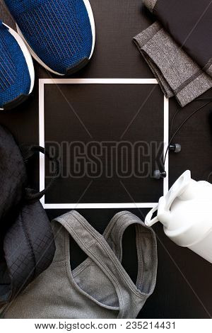 Frame With The Image Of A Sport Uniform, Shoes, Backpack, Tops, Titsy, Shaker, Headphones On Black B