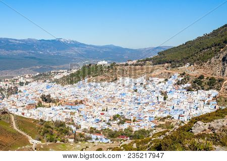 Chefchaouen And Rif Mountains Aerial Panoramic View, Morocco. Chefchaouen Is A City In Northwest Mor