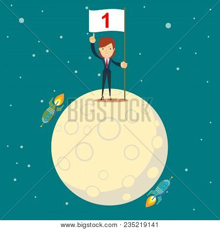 Astronaut Girl Moon Landing. A Businesswoman Conquered The Moon. Happy Businessman Holding Number On