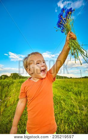 Adorable boy with cornflowers outdoor laughing