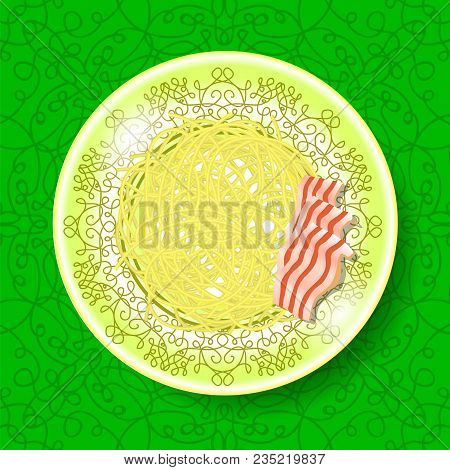 Boiled Floury Product Spaghetti And Fried Bacon On Green Ornamental Background