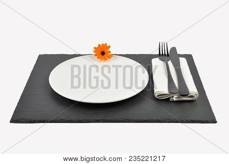 Colorful And Crisp Image Of Common Marigold And Table Setting On Slate Isolated