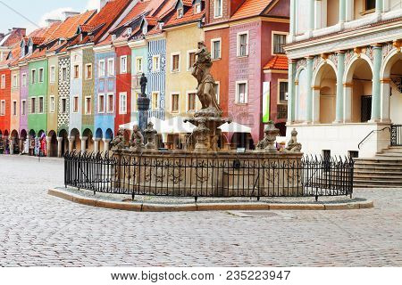 Proserpine Fountain Xviiic And Medieval Houses On The Central Market Square In Poznan, Polandpoznan,