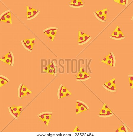 Pizza Slices With Sausage And Cheese Pattern Background. Appetizing Pizza Slices Seamlesss Pattern
