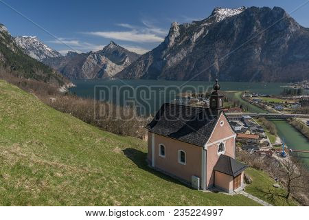 Chapel Over Ebensee Town With Nice Sea And Mountains
