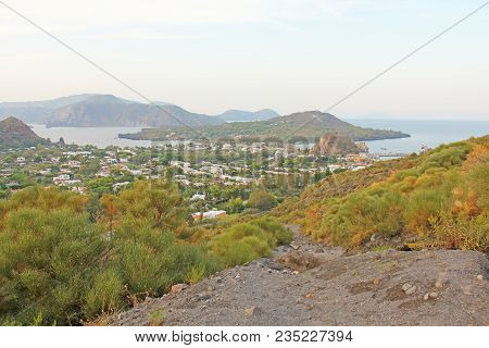 View Of The Vulcanello Peninsula. The Islands Of Lipari, Italy.
