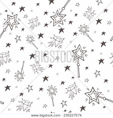 Vector Magic Seamless Pattern With Stars, Magic Wands And Diamonds
