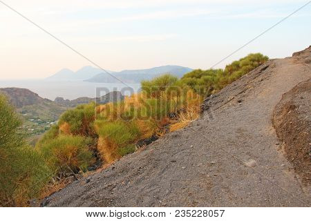 Ascent To The Volcano On The Island Of Vulcano, Italy, Lipari. Road To The Volcano.