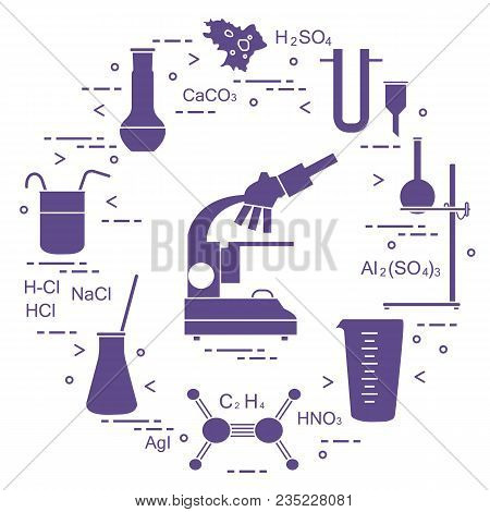 Chemistry Scientific, Education Elements: Microscope, Flasks, Tripod, Formulas, Beaker, Amoeba, Meas