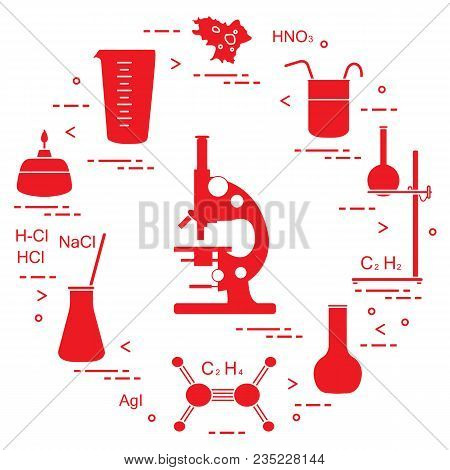 Chemistry Scientific, Education Elements: Microscope, Flasks, Tripod, Formulas, Beaker, Burner, Amoe
