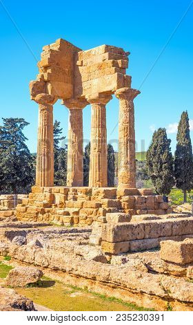 Italy, Sicily Island, The Valley Of The Temples Of Agrigento, View Of The Temple Of Dioscuri Ruins