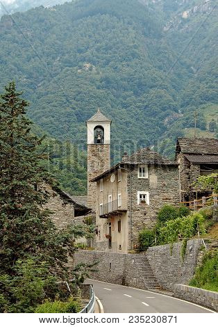 Belltower Of The Rural Village San Bartolomeo In The Verzasca Valley, Switzerland