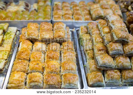 Turkish Desser Baklava With Pistachio, Honey And Walnut. Tasty Turkish Delights.
