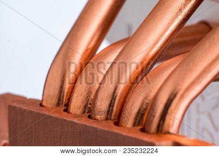 Aluminum Radiator With Copper Heat Pipe Close-up With Beautiful Bokeh Metallic