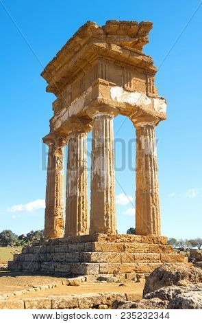 Italy, Sicily Island, The Valley Of The Temples Of Agrigento, View Of The Temple Of Dioscuri Ruins