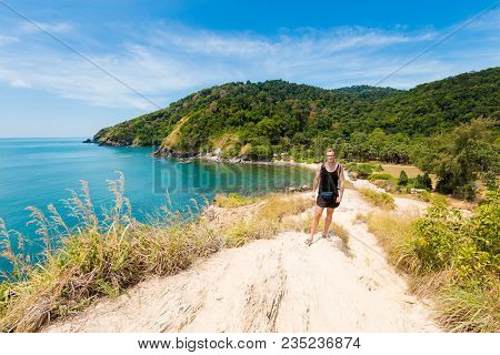 Summer Seascapewith Young Tourist On Tropical Koh Lanta Island In Thailand. Landscape Taken In Koh L