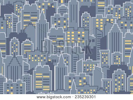 Night City Scape Seamless Pattern. City Background. Downtown Landscape With High Skyscrapers. Panora