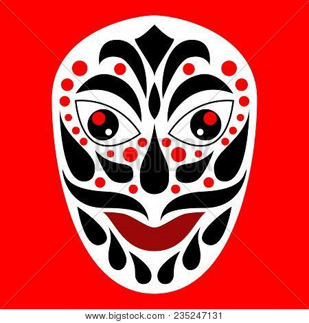 Tribal Ethnik Mask. Black And White And Red Illustration On Red Background.