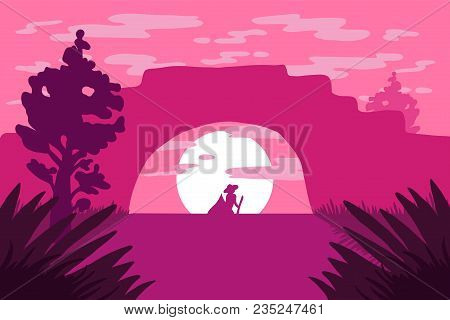 Retro Floating On A Boat A Man Under The Bridge. Nature Vintage Landscape. Bridge Under River. Vecto