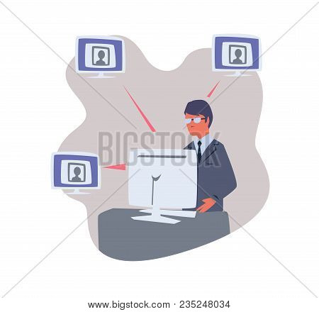 The Person Sits At The Computer And Works With Human Profiles. Personnel Worker Or Personal Data Pro